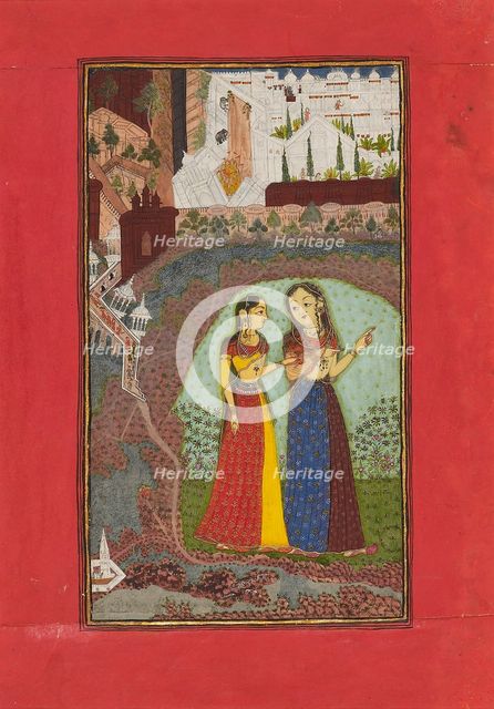 Two ladies in a landscape with palace, c1725. Artists: Unknown, Incha Ram.