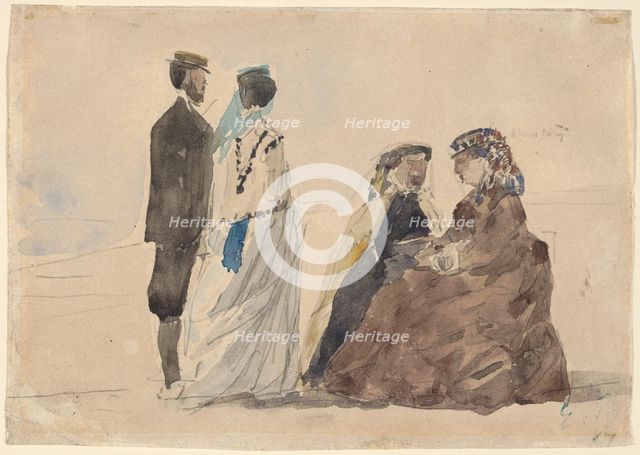 Two Ladies Seated and a Couple Walking on the Beach, c. 1866. Creator: Eugene Louis Boudin.