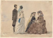 Two Ladies Seated and a Couple Walking on the Beach, c. 1866. Creator: Eugene Louis Boudin
