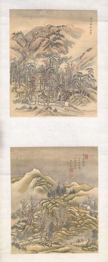 Two landscape album leaves on single mount, 1817. Creator: Xue Hui