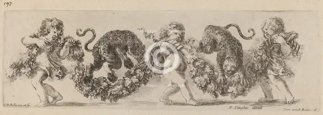 Two Leopards Jumping a Festoon Supported by Children, probably 1648. Creator: Stefano della Bella.