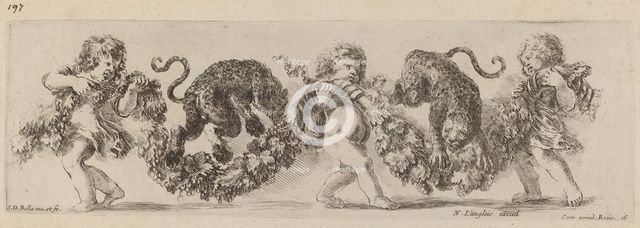 Two Leopards Jumping a Festoon Supported by Children, probably 1648. Creator: Stefano della Bella.