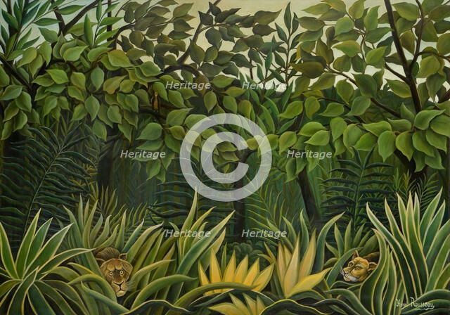 Two Lions on the Lookout in the Jungle, 1909-1910. Creator: Rousseau, Henri Julien Félix (1844-1910).