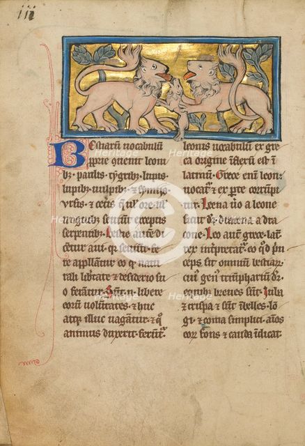 Two Lions Reviving their Dead Cubs; De Natura Avium; De Pastoribus et Ovibus, 1277 or after. Creator: Unknown.