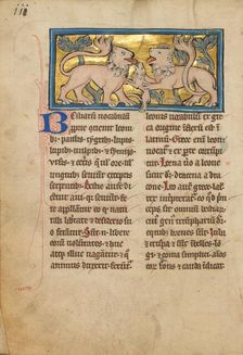 Two Lions Reviving their Dead Cubs; De Natura Avium; De Pastoribus et Ovibus, 1277 or after. Creator: Unknown