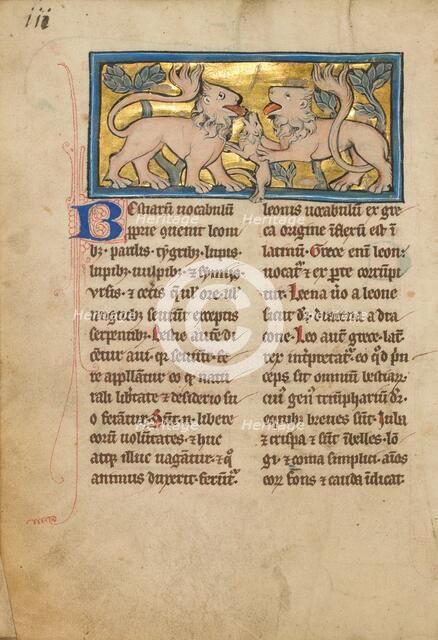 Two Lions Reviving their Dead Cubs; De Natura Avium; De Pastoribus et Ovibus, 1277 or after. Creator: Unknown.