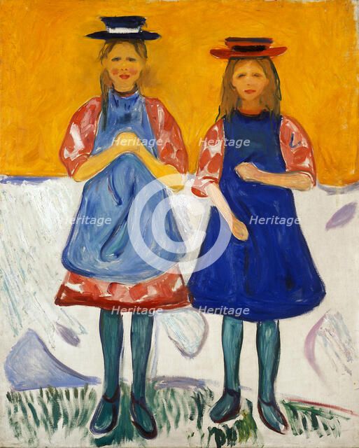 Two Little Girls with Blue Aprons. Artist: Munch, Edvard (1863-1944)