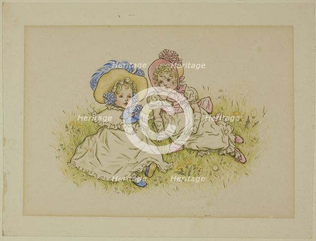 Two Little Girls with Bonnets, 1883. Creator: Catherine Greenaway.