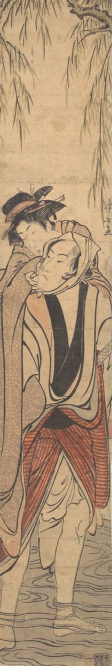Two Lovers Crossing a River, late 18th century. Creator: Torii Kiyonaga