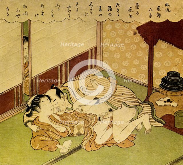 Two Lovers (Shunga - erotic woodblock print), c. 1750. Artist: Harunobu, Suzuki (1724-1770)