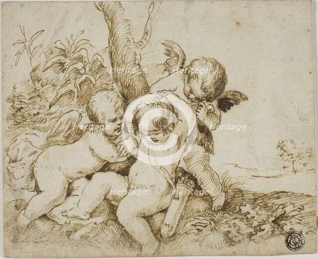 Two Putti Blindfolding a Third, n.d. Creator: Unknown.