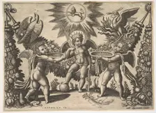 Two putti presenting cups full of gold to a putto in the guise of the god of riches..., ca. 1530-40. Creator: Master of the Die