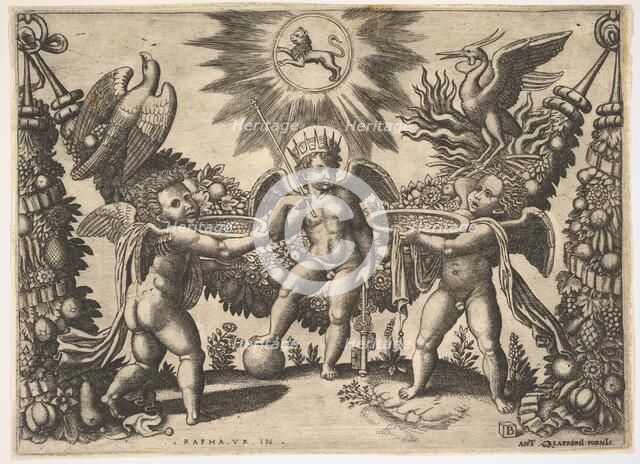 Two putti presenting cups full of gold to a putto in the guise of the god of riches..., ca. 1530-40. Creator: Master of the Die.