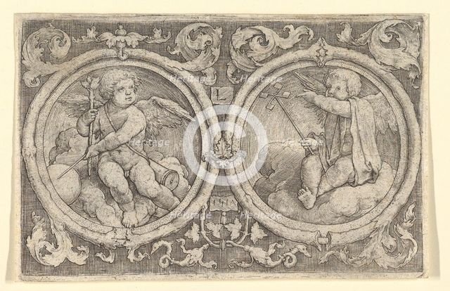 Two Putti Seated in Clouds in Circles with Tendrils, 1517. Creator: Lucas van Leyden.