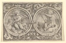 Two Putti Seated in Clouds in Circles with Tendrils, 1517. Creator: Lucas van Leyden
