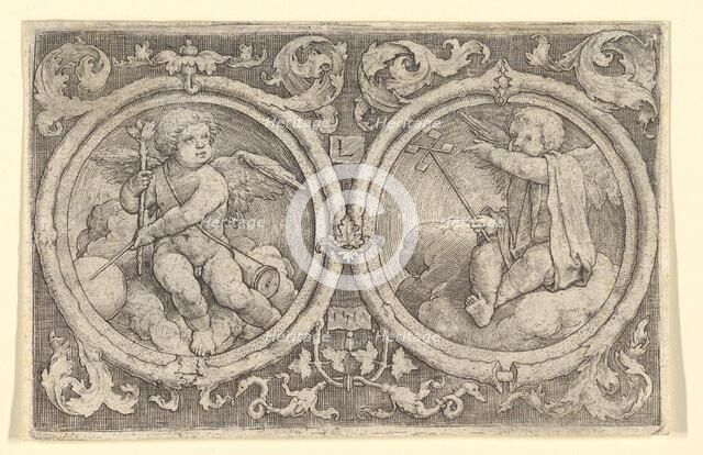 Two Putti Seated in Clouds in Circles with Tendrils, 1517. Creator: Lucas van Leyden.
