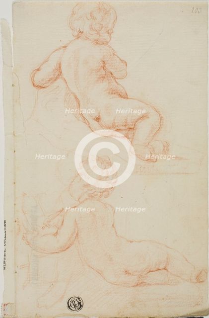 Two Putti Seen from the Back, One Writing, n.d. Creator: Unknown.