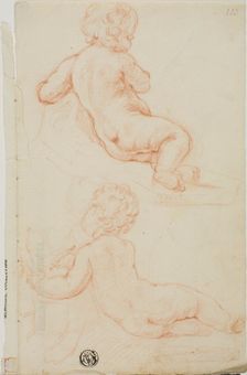 Two Putti Seen from the Back, One Writing, n.d. Creator: Unknown