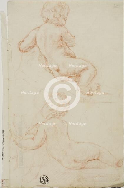 Two Putti Seen from the Back, One Writing, n.d. Creator: Unknown.