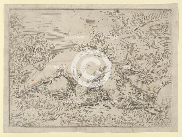 Two putti sleeping in a landscape, after Reni, 1637., 1637. Creator: Anon.