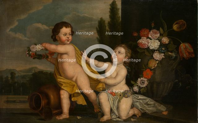 Two Putti with Garlands of Flowers, 1700-1800. Creator: German Master.