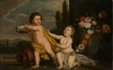 Two Putti with Garlands of Flowers, 1700-1800. Creator: German Master
