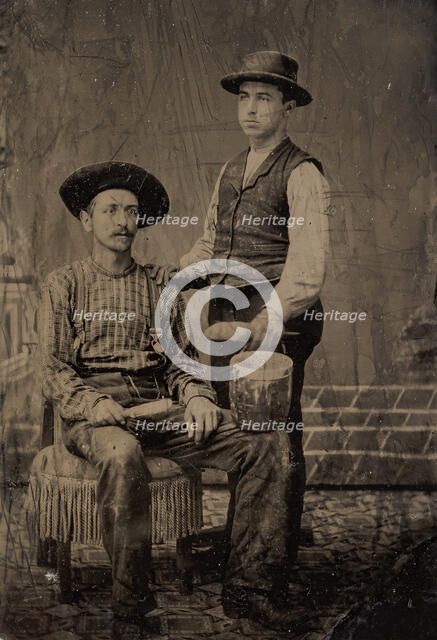 Two Painters, One Seated and One Standing, with Brushes and a Bucket, 1860s-80s. Creator: Unknown.