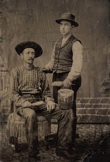Two Painters, One Seated and One Standing, with Brushes and a Bucket, 1860s-80s. Creator: Unknown