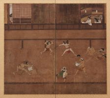 Two-panel screen depicting wrestlers, Edo period, 17th century. Creator: Unknown