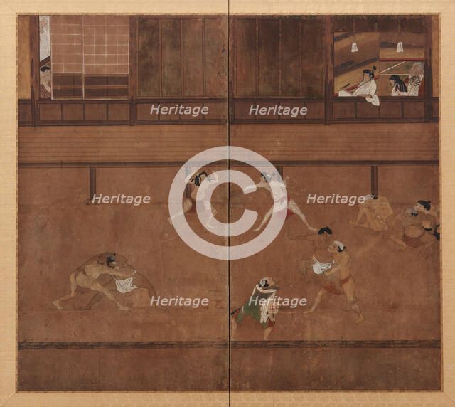 Two-panel screen depicting wrestlers, Edo period, 17th century. Creator: Unknown.