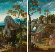 Two panels of an altar: Temptation of Saint Anthony, Saint Jerome in a landscape. Creator: Cock, Jan Wellens de (ca 1480-1527)