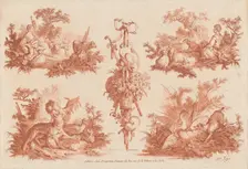 Two Pastoral Vignettes, Two Hunting Vignettes, and a Trophy, 1774. Creators: Gilles Demarteau, Jean Baptiste Marie Huet