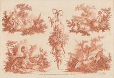 Two Pastoral Vignettes, Two Hunting Vignettes, and a Trophy, 1774. Creators: Gilles Demarteau, Jean Baptiste Marie Huet