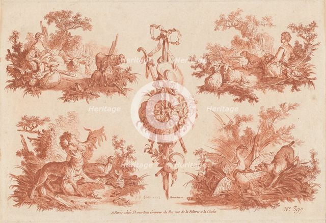 Two Pastoral Vignettes, Two Hunting Vignettes, and a Trophy, 1774. Creators: Gilles Demarteau, Jean Baptiste Marie Huet.