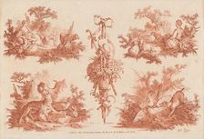Two Pastoral Vignettes, Two Hunting Vignettes, and a Trophy, 1774. Creators: Gilles Demarteau, Jean Baptiste Marie Huet