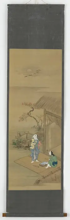 Two peasant girls beating cloth outside a house, Edo period, 18th century. Creator: Shunsho