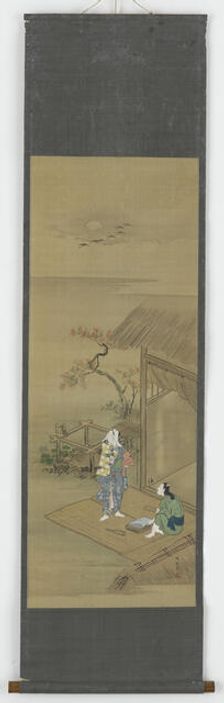 Two peasant girls beating cloth outside a house, Edo period, 18th century. Creator: Shunsho