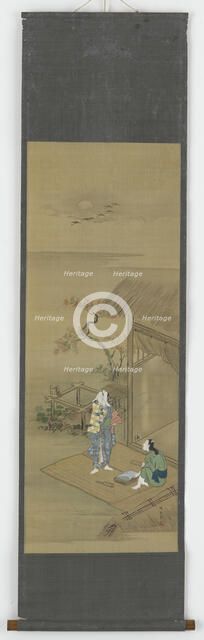 Two peasant girls beating cloth outside a house, Edo period, 18th century. Creator: Shunsho.