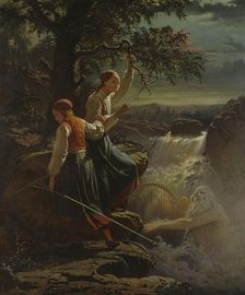 Two Peasant Girls Listening to the Playing of the Water-Sprite, 1860. Creator: Johan Zacharias Blackstadius