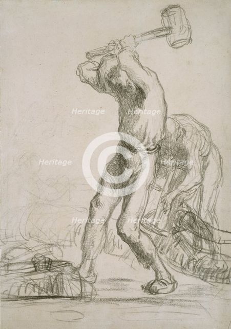 Two Peasants sawing and splitting Wood, c1850-1851. Artist: Jean Francois Millet.