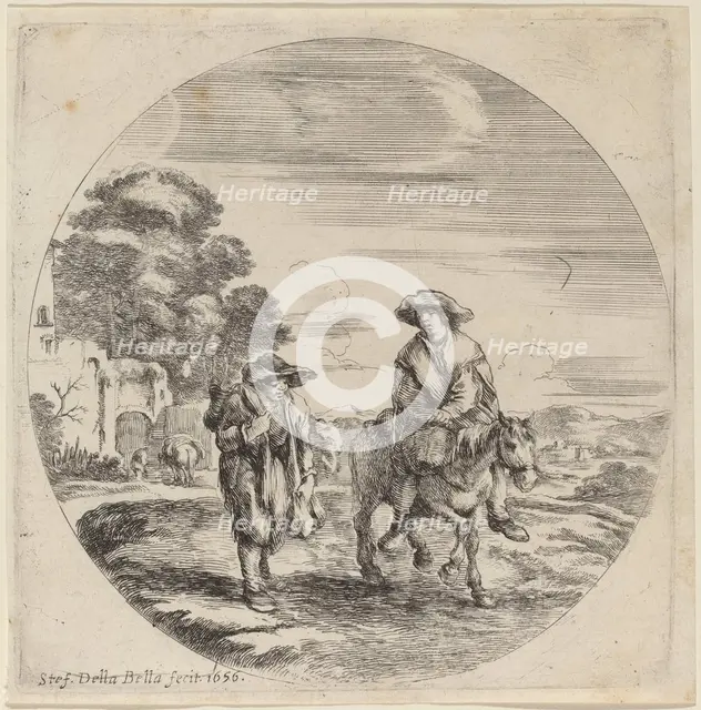 Two Peasants Traveling in a Landscape, 1656. Creator: Stefano della Bella.