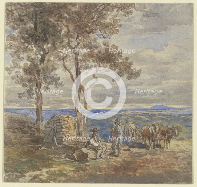 Two peasants with their ox-drawn cart, resting on a plateau by a woodpile, c1840-1890s. Creator: Anton Burger.