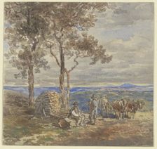 Two peasants with their ox-drawn cart, resting on a plateau by a woodpile, c1840-1890s. Creator: Anton Burger
