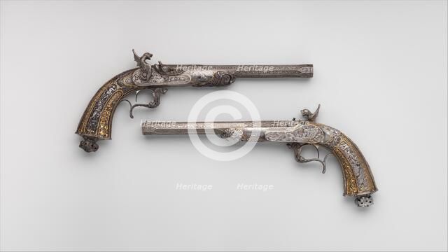 Two Percussion Exhibition Pistols, French, dated 1849 and 1851. Creators: Lepage Moutier, Antoine Vechte, Léopold Bernard.