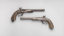 Two Percussion Exhibition Pistols, French, dated 1849 and 1851. Creators: Lepage Moutier, Antoine Vechte, Léopold Bernard