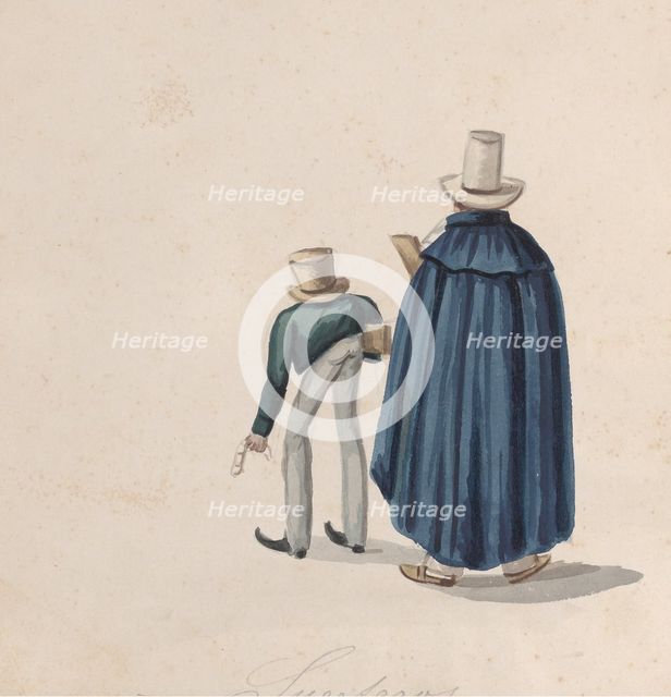 Two Peruvian fortune tellers (?) wearing top hats viewed from behind, from a group..., ca. 1848. Creator: Attributed to Francisco (Pancho) Fierro.