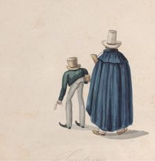 Two Peruvian fortune tellers (?) wearing top hats viewed from behind, from a group..., ca. 1848. Creator: Attributed to Francisco (Pancho) Fierro