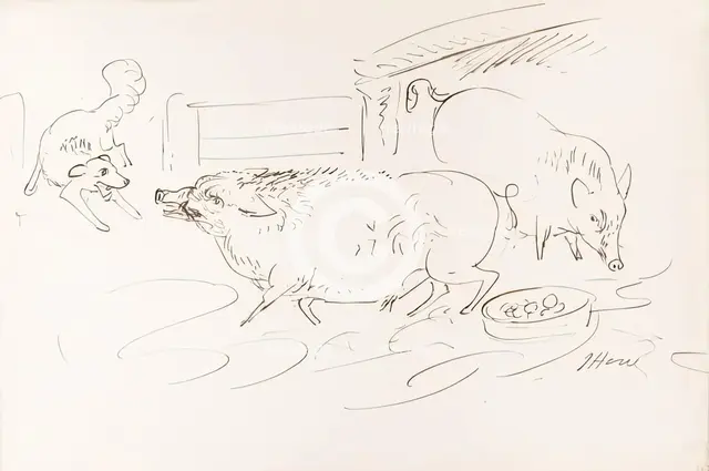 Two pigs and a dog, 1825-1839. Creator: James Howe.