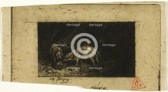 Two Pigs Eating from a Trough, 1844. Creator: Charles Emile Jacque.