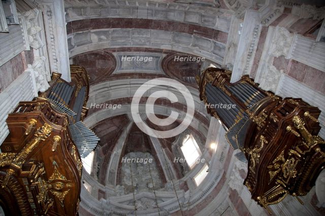 Two pipe organs in the basilica in Mafra National Palace (Palacio de Mafra), Mafra, Portugal, 2009. Creator: Samuel Magal.